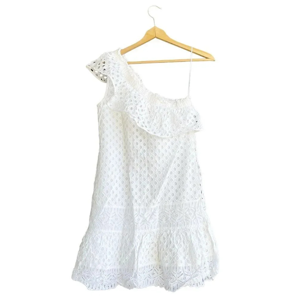 Tory Burch Zoe One Shoulder Dress White Lace Cotton Ruffle Lined Women’s Size 6 - Picture 3 of 4